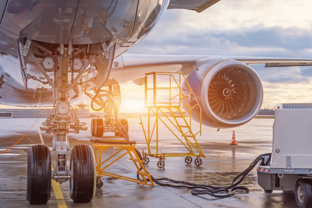 Ground handling equipment servicing commercial aircraft engine at sunrise